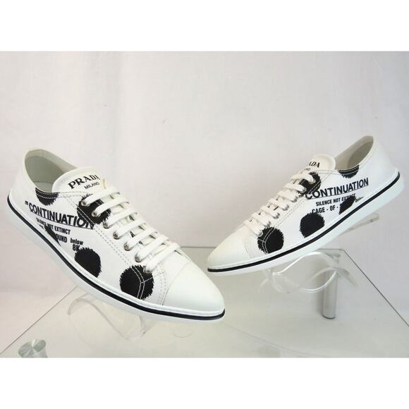 PRADA 1E617M WHITE BLACK POLKA CANVAS LOGO POINTY CAP LOW TOP SNEAKERS 38.5 - Picture 11 of 15
